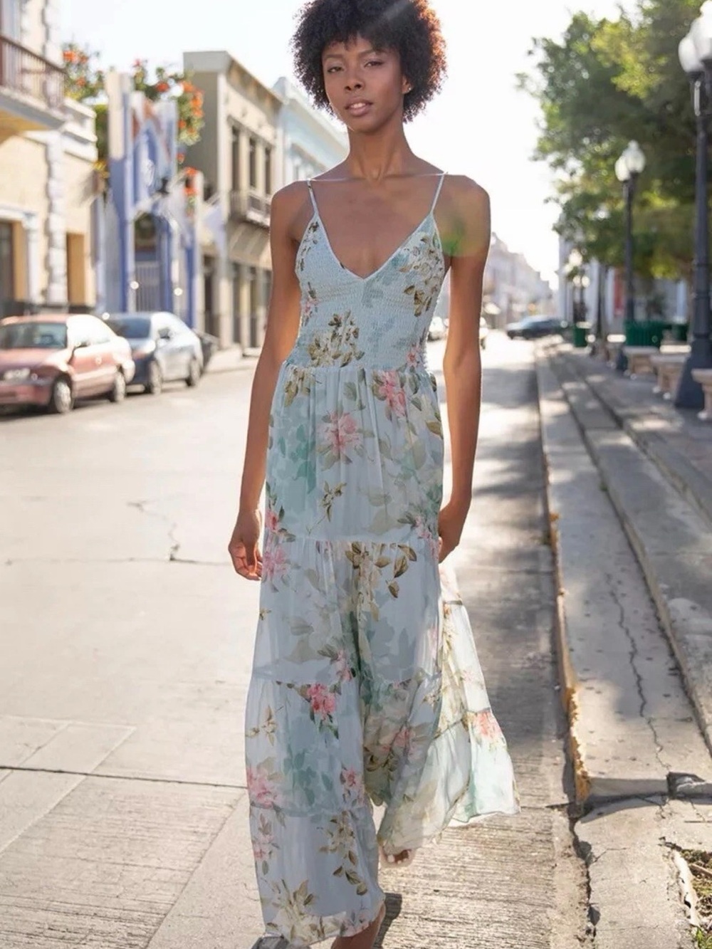 Yumi Kim Pastel Blue Floral Smocked Maxi Dress